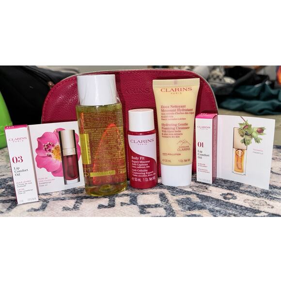 Clarins Skincare & Lip Oil Bundle Hydrating Toner Cleanser Body Fit & Bag
